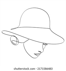 Abstract linear woman in hat. Minimal portrait. Head fashionable accessory. One line continuous. Beauty and glamour concept. Cap headgears for lady. Hand drawn vector illustration.
