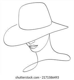 Abstract linear woman in hat. Minimal portrait. Head fashionable accessory. One line continuous. Beauty and glamour concept. Cap headgears for lady. Hand drawn vector illustration.