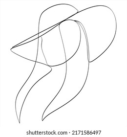 Abstract linear woman in hat. Minimal portrait. Head fashionable accessory. One line continuous. Beauty and glamour concept. Cap headgears for lady. Hand drawn vector illustration.