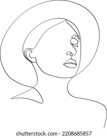 Abstract linear woman in hat. Minimal portrait. Head fashionable accessory. One line continuous. Beauty and glamour concept. Cap headgears for lady. Hand drawn vector illustration.