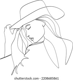 Abstract linear woman in hat. Minimal portrait. Head fashionable accessory. One line continuous. Beauty and glamour concept. Cap headgears for lady. Hand drawn vector illustration.