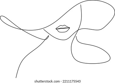 Abstracta mujer lineal en el sombrero. Retrato mínimo. Cabeza de accesorio de moda. Una línea continua. La belleza y el concepto de glamour. Cabeceras de gorra para dama. Ilustración vectorial dibujada a mano.