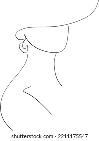 Abstract linear woman in hat. Minimal portrait. Head fashionable accessory. One line continuous. Beauty and glamour concept. Cap headgears for lady. Hand drawn vector illustration.