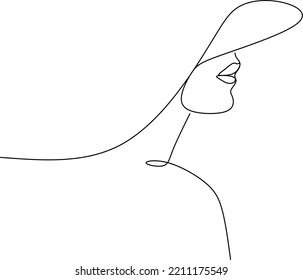 Abstract linear woman in hat. Minimal portrait. Head fashionable accessory. One line continuous. Beauty and glamour concept. Cap headgears for lady. Hand drawn vector illustration.