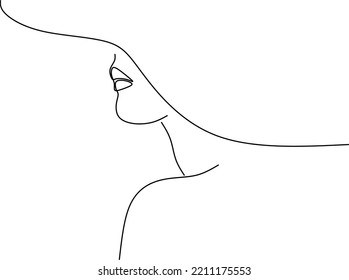 Abstract linear woman in hat. Minimal portrait. Head fashionable accessory. One line continuous. Beauty and glamour concept. Cap headgears for lady. Hand drawn vector illustration.