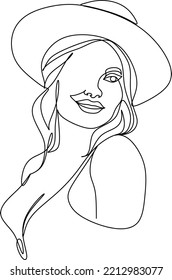 Abstract linear woman in hat. Minimal portrait. Head fashionable accessory. One line continuous. Beauty and glamour concept. Cap headgears for lady. Hand drawn vector illustration.