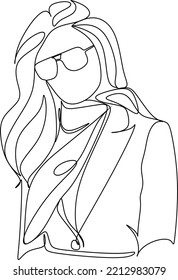 Abstract linear woman in hat. Minimal portrait. Head fashionable accessory. One line continuous. Beauty and glamour concept. Cap headgears for lady. Hand drawn vector illustration.