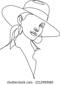 Abstract linear woman in hat. Minimal portrait. Head fashionable accessory. One line continuous. Beauty and glamour concept. Cap headgears for lady. Hand drawn vector illustration.