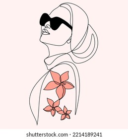 Abstract linear woman in hat. Minimal portrait. Head fashionable accessory. One line continuous. Beauty and glamour concept. Cap headgears for lady. Hand drawn vector illustration.
