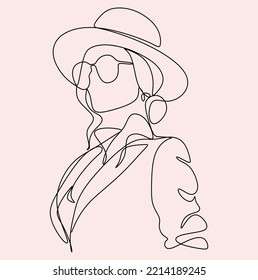 Abstract linear woman in hat. Minimal portrait. Head fashionable accessory. One line continuous. Beauty and glamour concept. Cap headgears for lady. Hand drawn vector illustration.