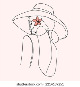 Abstracta mujer lineal en el sombrero. Retrato mínimo. Cabeza de accesorio de moda. Una línea continua. La belleza y el concepto de glamour. Cabeceras de gorra para dama. Ilustración vectorial dibujada a mano.