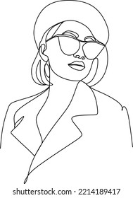 Abstract linear woman in hat. Minimal portrait. Head fashionable accessory. One line continuous. Beauty and glamour concept. Cap headgears for lady. Hand drawn vector illustration.