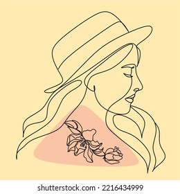 Abstract linear woman in hat. Minimal portrait. Head fashionable accessory. One line continuous. Beauty and glamour concept. Cap headgears for lady. Hand drawn vector illustration.