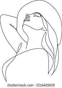 Abstract linear woman in hat. Minimal portrait. Head fashionable accessory. One line continuous. Beauty and glamour concept. Cap headgears for lady. Hand drawn vector illustration.
