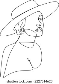 Abstracta mujer lineal en el sombrero. Retrato mínimo. Cabeza de accesorio de moda. Una línea continua. La belleza y el concepto de glamour. Cabeceras de gorra para dama. Ilustración vectorial dibujada a mano.