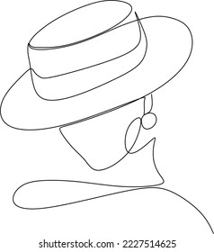 Abstract linear woman in hat. Minimal portrait. Head fashionable accessory. One line continuous. Beauty and glamour concept. Cap headgears for lady. Hand drawn vector illustration.