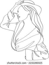 Abstract linear woman in hat. Minimal portrait. Head fashionable accessory. One line continuous. Beauty and glamour concept. Cap headgears for lady. Hand drawn vector illustration.