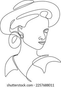 Abstract linear woman in hat. Minimal portrait. Head fashionable accessory. One line continuous. Beauty and glamour concept. Cap headgears for lady. Hand drawn vector illustration.