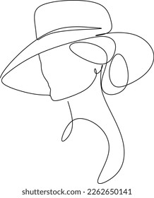 Abstract linear woman in hat. Minimal portrait. Head fashionable accessory. One line continuous. Beauty and glamour concept. Cap headgears for lady. Hand drawn vector illustration.
