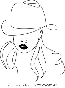 Abstract linear woman in hat. Minimal portrait. Head fashionable accessory. One line continuous. Beauty and glamour concept. Cap headgears for lady. Hand drawn vector illustration.