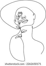 Abstract linear woman in hat. Minimal portrait. Head fashionable accessory. One line continuous. Beauty and glamour concept. Cap headgears for lady. Hand drawn vector illustration.