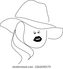 Abstract linear woman in hat. Minimal portrait. Head fashionable accessory. One line continuous. Beauty and glamour concept. Cap headgears for lady. Hand drawn vector illustration.