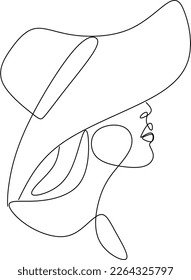 Abstracta mujer lineal en el sombrero. Retrato mínimo. Cabeza de accesorio de moda. Una línea continua. La belleza y el concepto de glamour. Cabeceras de gorra para dama. Ilustración vectorial dibujada a mano.