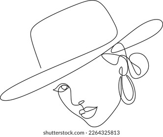 Abstract linear woman in hat. Minimal portrait. Head fashionable accessory. One line continuous. Beauty and glamour concept. Cap headgears for lady. Hand drawn vector illustration.