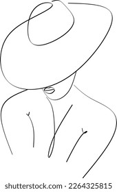 Abstract linear woman in hat. Minimal portrait. Head fashionable accessory. One line continuous. Beauty and glamour concept. Cap headgears for lady. Hand drawn vector illustration.