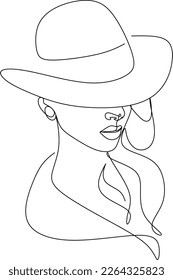 Abstract linear woman in hat. Minimal portrait. Head fashionable accessory. One line continuous. Beauty and glamour concept. Cap headgears for lady. Hand drawn vector illustration.