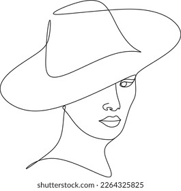 Abstract linear woman in hat. Minimal portrait. Head fashionable accessory. One line continuous. Beauty and glamour concept. Cap headgears for lady. Hand drawn vector illustration.