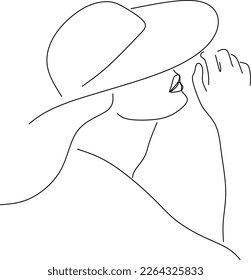 Abstract linear woman in hat. Minimal portrait. Head fashionable accessory. One line continuous. Beauty and glamour concept. Cap headgears for lady. Hand drawn vector illustration.