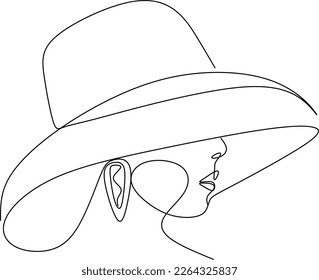 Abstract linear woman in hat. Minimal portrait. Head fashionable accessory. One line continuous. Beauty and glamour concept. Cap headgears for lady. Hand drawn vector illustration.