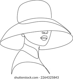 Abstract linear woman in hat. Minimal portrait. Head fashionable accessory. One line continuous. Beauty and glamour concept. Cap headgears for lady. Hand drawn vector illustration.