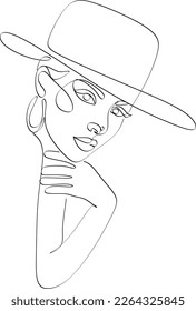 Abstract linear woman in hat. Minimal portrait. Head fashionable accessory. One line continuous. Beauty and glamour concept. Cap headgears for lady. Hand drawn vector illustration.