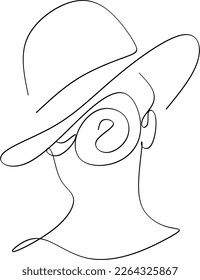 Abstract linear woman in hat. Minimal portrait. Head fashionable accessory. One line continuous. Beauty and glamour concept. Cap headgears for lady. Hand drawn vector illustration.