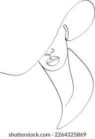 Abstract linear woman in hat. Minimal portrait. Head fashionable accessory. One line continuous. Beauty and glamour concept. Cap headgears for lady. Hand drawn vector illustration.