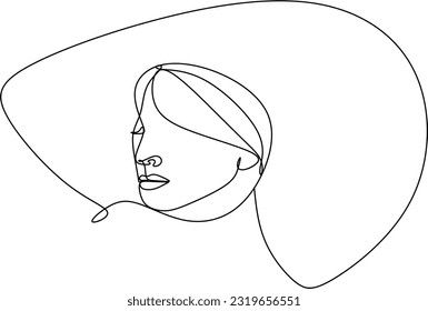 Abstract linear woman in hat. Minimal portrait. Head fashionable accessory. One line continuous. Beauty and glamour concept. Cap headgears for lady. Hand drawn vector illustration.