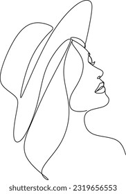 Abstract linear woman in hat. Minimal portrait. Head fashionable accessory. One line continuous. Beauty and glamour concept. Cap headgears for lady. Hand drawn vector illustration.