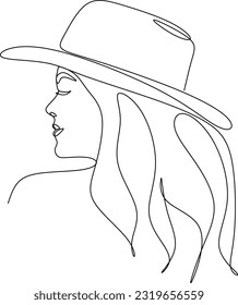 Abstract linear woman in hat. Minimal portrait. Head fashionable accessory. One line continuous. Beauty and glamour concept. Cap headgears for lady. Hand drawn vector illustration.