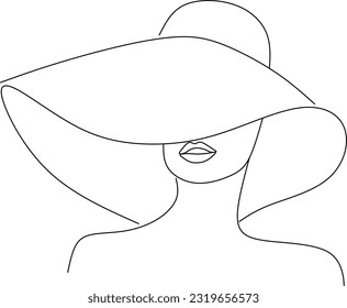 Abstract linear woman in hat. Minimal portrait. Head fashionable accessory. One line continuous. Beauty and glamour concept. Cap headgears for lady. Hand drawn vector illustration.