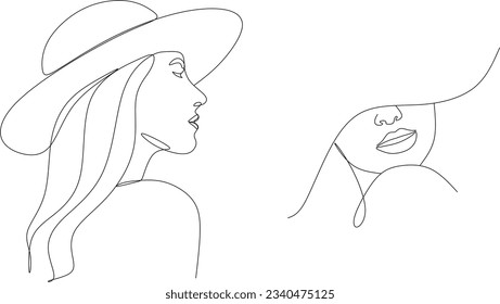 Abstract linear woman in hat. Minimal portrait. Head fashionable accessory. One line continuous. Beauty and glamour concept. Cap headgears for lady. Hand drawn vector illustration.