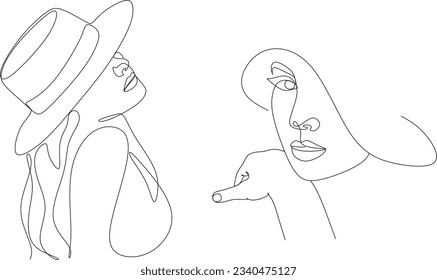 Abstract linear woman in hat. Minimal portrait. Head fashionable accessory. One line continuous. Beauty and glamour concept. Cap headgears for lady. Hand drawn vector illustration.