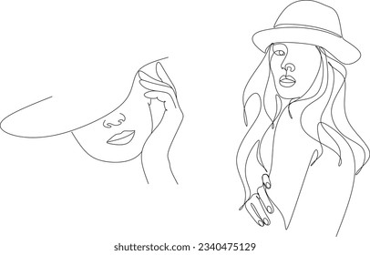 Abstract linear woman in hat. Minimal portrait. Head fashionable accessory. One line continuous. Beauty and glamour concept. Cap headgears for lady. Hand drawn vector illustration.