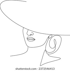 Abstract linear woman in hat. Minimal portrait. Head fashionable accessory. One line continuous. Beauty and glamour concept. Cap headgears for lady. Hand drawn vector illustration.