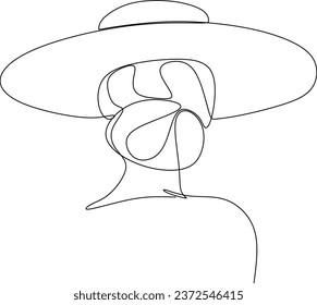 Abstract linear woman in hat. Minimal portrait. Head fashionable accessory. One line continuous. Beauty and glamour concept. Cap headgears for lady. Hand drawn vector illustration.