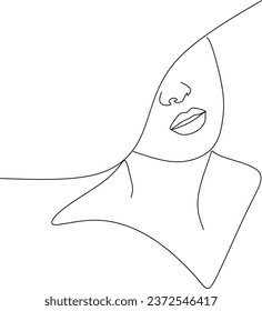 Abstract linear woman in hat. Minimal portrait. Head fashionable accessory. One line continuous. Beauty and glamour concept. Cap headgears for lady. Hand drawn vector illustration.