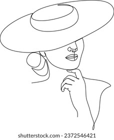 Abstracta mujer lineal en el sombrero. Retrato mínimo. Cabeza de accesorio de moda. Una línea continua. La belleza y el concepto de glamour. Cabeceras de gorra para dama. Ilustración vectorial dibujada a mano.