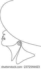 Abstract linear woman in hat. Minimal portrait. Head fashionable accessory. One line continuous. Beauty and glamour concept. Cap headgears for lady. Hand drawn vector illustration.