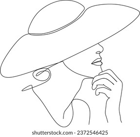 Abstract linear woman in hat. Minimal portrait. Head fashionable accessory. One line continuous. Beauty and glamour concept. Cap headgears for lady. Hand drawn vector illustration.